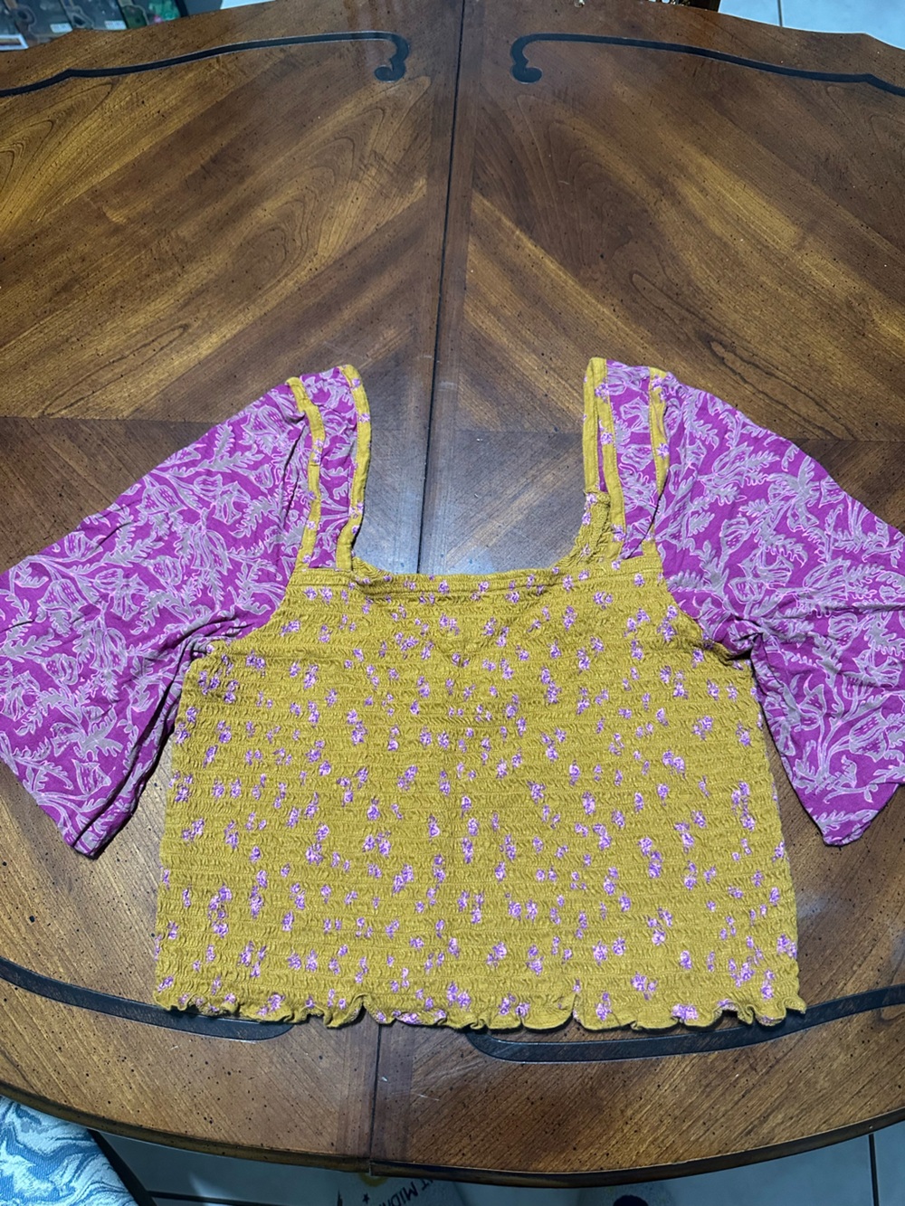 Free People Mustard Yellow and Magenta Floral Top